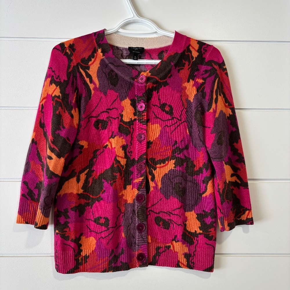 Talbots Petites Pure Cashmere floral pattern button up crew neck cardigan size S